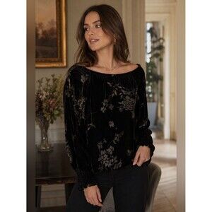 Karen Kane Silk Blend Floral Burnout Black Velvet Blouse Smocked Details Small